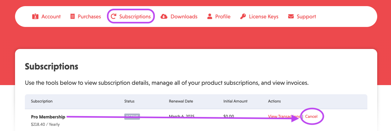 image of the ninja forms account page on the subscriptions tab. The cancel options i highlighted as the last option tom the right for any active subscription
